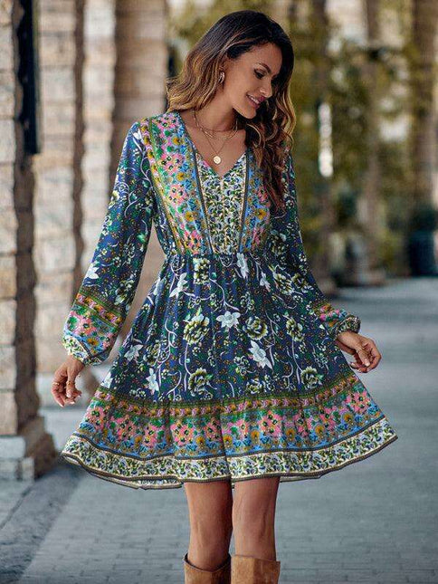 Bohemian Chic Floral V-Neck Long-Sleeve Dress for Women
