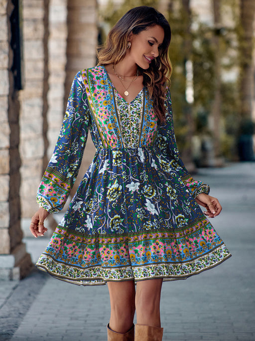Bohemian Floral Print V-Neck Long-Sleeve Dress - Women's Fashion Choice