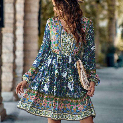 Bohemian Chic Floral V-Neck Long-Sleeve Dress for Women