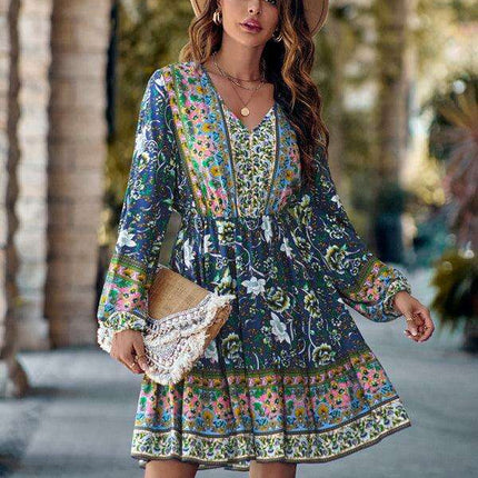 Bohemian Chic Floral V-Neck Long-Sleeve Dress for Women