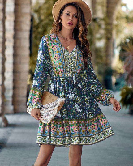 Bohemian Chic Floral V-Neck Long-Sleeve Dress for Women