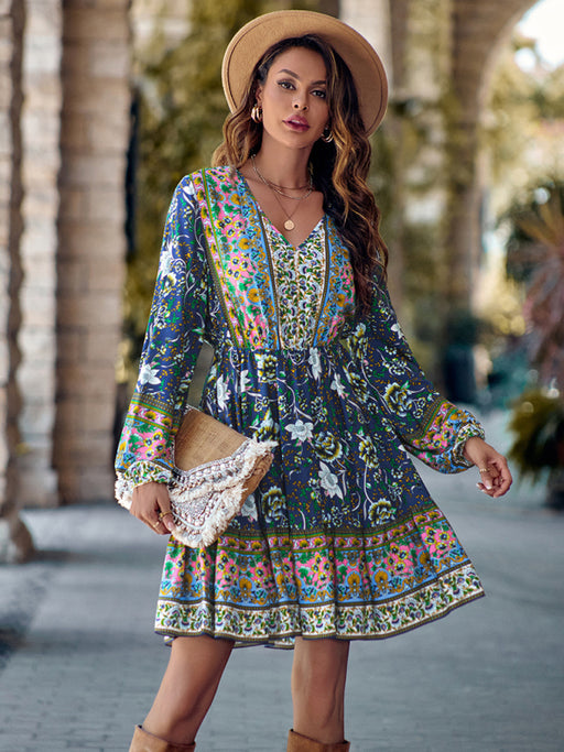 Bohemian Floral Print V-Neck Long-Sleeve Dress - Women's Fashion Choice