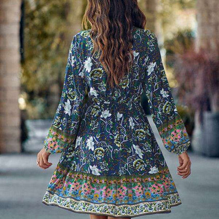 Bohemian Chic Floral V-Neck Long-Sleeve Dress for Women