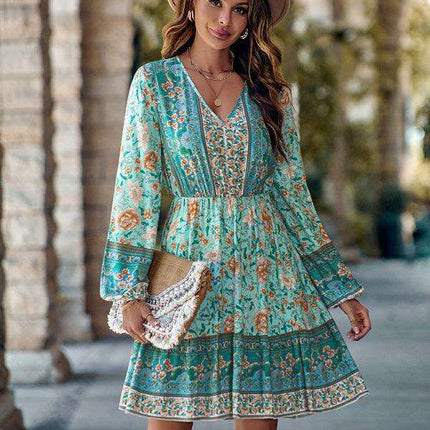 Bohemian Chic Floral V-Neck Long-Sleeve Dress for Women