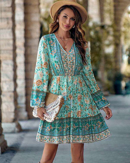 Bohemian Chic Floral V-Neck Long-Sleeve Dress for Women
