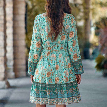 Bohemian Chic Floral V-Neck Long-Sleeve Dress for Women