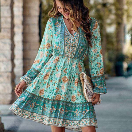 Bohemian Chic Floral V-Neck Long-Sleeve Dress for Women