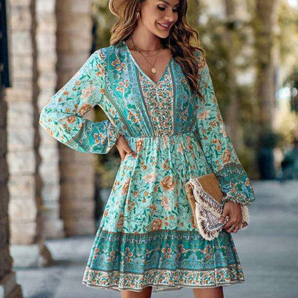 Bohemian Chic Floral V-Neck Long-Sleeve Dress for Women