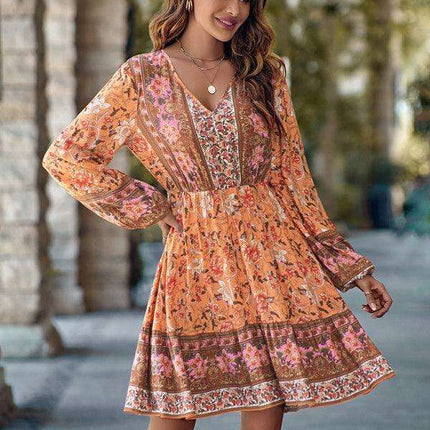 Bohemian Chic Floral V-Neck Long-Sleeve Dress for Women