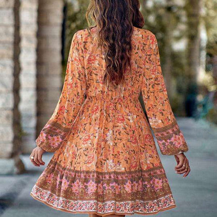 Bohemian Chic Floral V-Neck Long-Sleeve Dress for Women