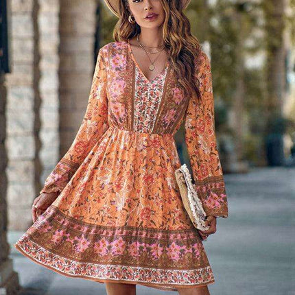 Bohemian Chic Floral V-Neck Long-Sleeve Dress for Women