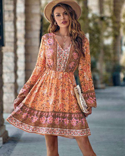 Bohemian Chic Floral V-Neck Long-Sleeve Dress for Women