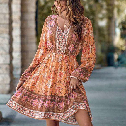 Bohemian Chic Floral V-Neck Long-Sleeve Dress for Women