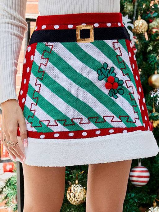 Holiday Festive Knit Elastic Waist A-Line Skirt for Chic Seasonal Outfits