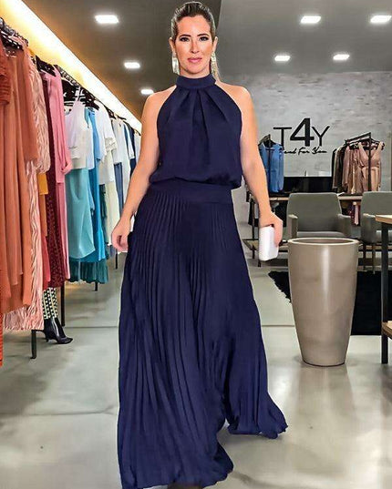 Vibrant Pleated Backless Halterneck Dress: Embrace Effortless Summer Elegance