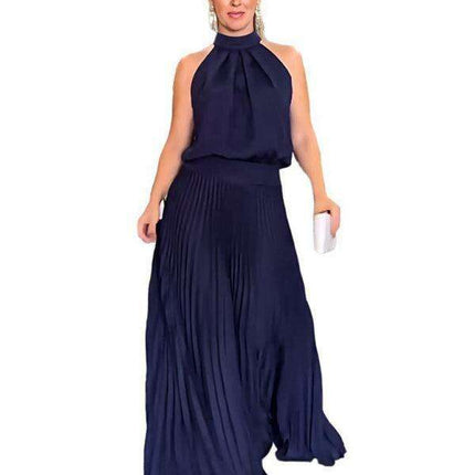 Vibrant Pleated Backless Halterneck Dress: Embrace Effortless Summer Elegance