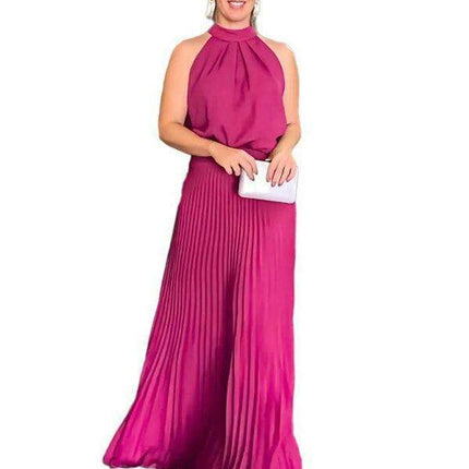 Vibrant Pleated Backless Halterneck Dress: Embrace Effortless Summer Elegance