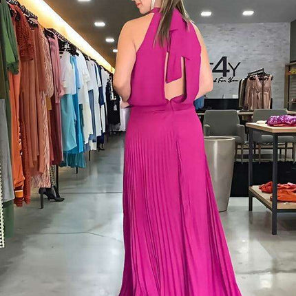 Vibrant Pleated Backless Halterneck Dress: Embrace Effortless Summer Elegance