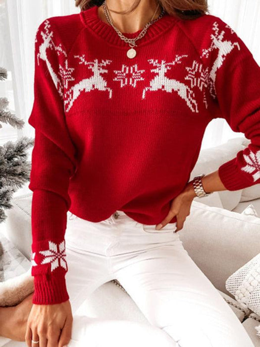 Festive Elk Print Knit Top - Women's Christmas Sweater