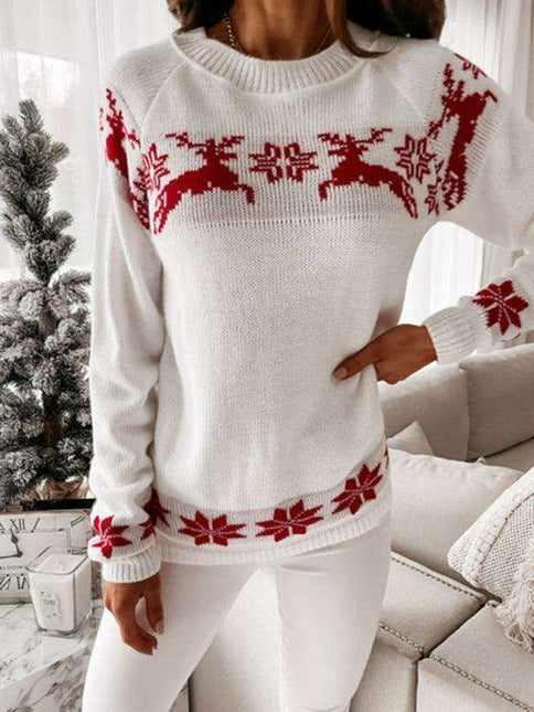 Charming Christmas Elk Jacquard Knit Sweater - Women's Holiday Fashion Top