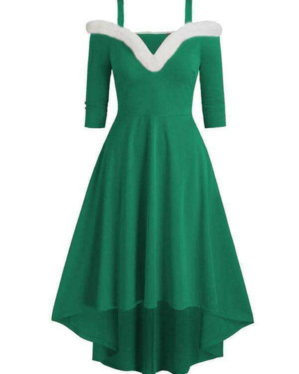Chic Off-Shoulder Holiday Dress with Asymmetrical Hem