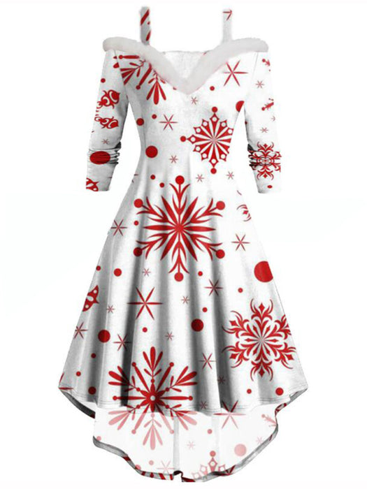 Festive Christmas Off-Shoulder High-Low Dress with Deep V Neck