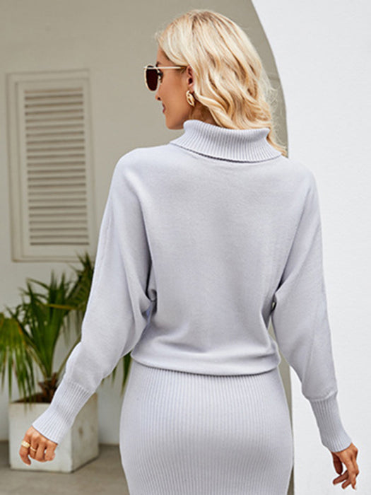 Elegant Turtleneck Slim Fit Sweater Dress with Stylish Dropped Shoulder Sleeves