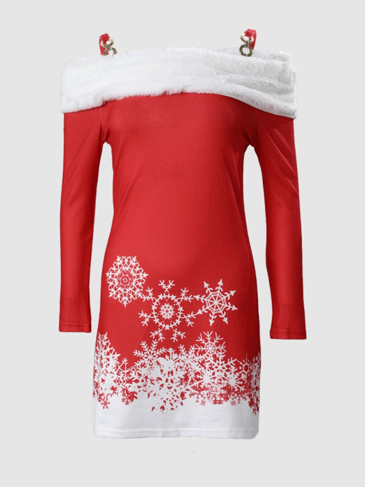 Women's new Christmas printed furry flat shoulder suspender dress
