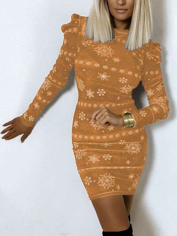 Elegant Snowflake Design: Women's Tailored Long Sleeve Holiday Dress