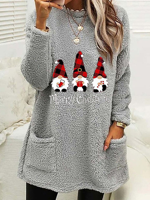 Festive Christmas Plush Women's Sweater with Cozy Pockets