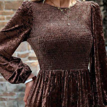 Chic Velvet Delight: Contemporary Round Neck Dress with Stylish Dropped Sleeves