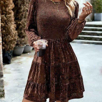 Chic Velvet Delight: Contemporary Round Neck Dress with Stylish Dropped Sleeves