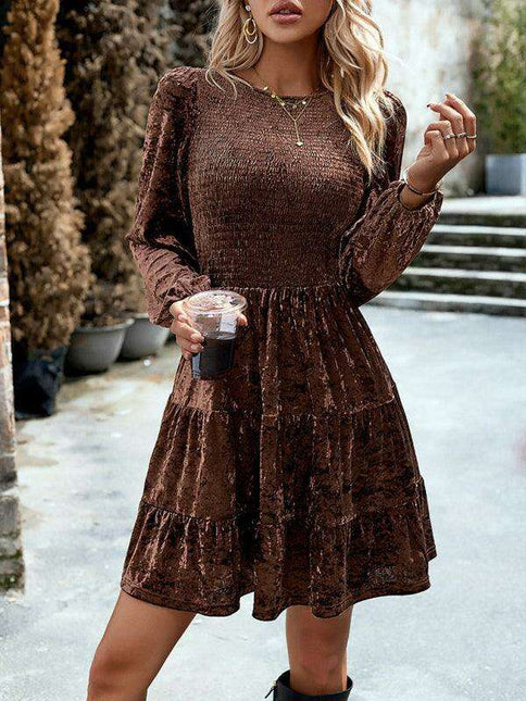 Chic Velvet Delight: Contemporary Round Neck Dress with Stylish Dropped Sleeves