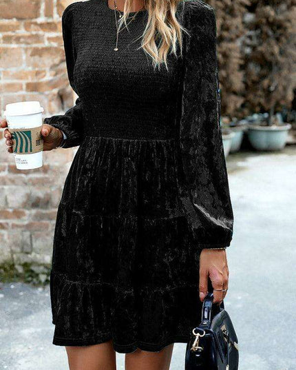 Chic Velvet Delight: Contemporary Round Neck Dress with Stylish Dropped Sleeves