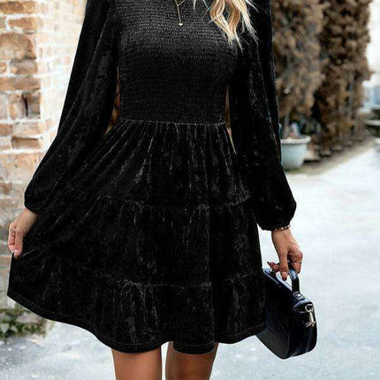 Chic Velvet Delight: Contemporary Round Neck Dress with Stylish Dropped Sleeves