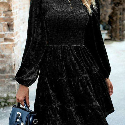 Chic Velvet Delight: Contemporary Round Neck Dress with Stylish Dropped Sleeves