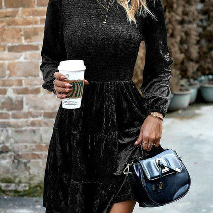 Chic Velvet Delight: Contemporary Round Neck Dress with Stylish Dropped Sleeves