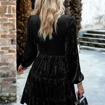 Chic Velvet Delight: Contemporary Round Neck Dress with Stylish Dropped Sleeves
