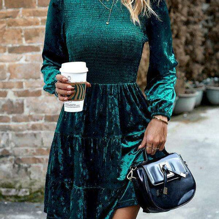 Chic Velvet Delight: Contemporary Round Neck Dress with Stylish Dropped Sleeves
