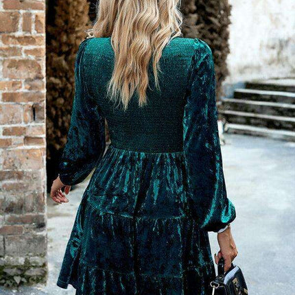 Chic Velvet Delight: Contemporary Round Neck Dress with Stylish Dropped Sleeves