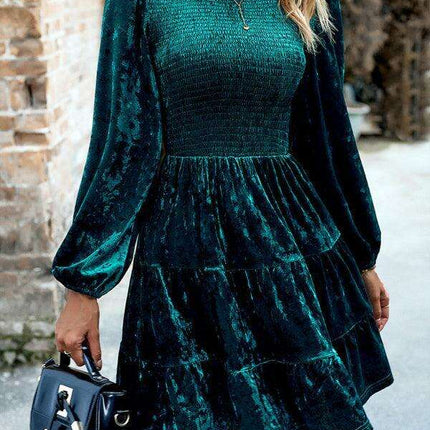 Chic Velvet Delight: Contemporary Round Neck Dress with Stylish Dropped Sleeves