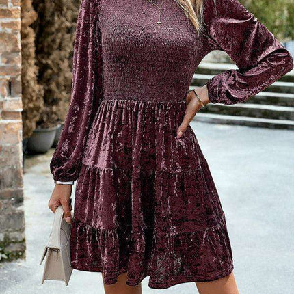 Chic Velvet Delight: Contemporary Round Neck Dress with Stylish Dropped Sleeves