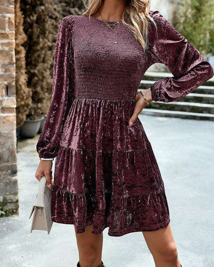 Chic Velvet Delight: Contemporary Round Neck Dress with Stylish Dropped Sleeves