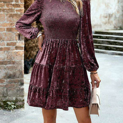 Chic Velvet Delight: Contemporary Round Neck Dress with Stylish Dropped Sleeves