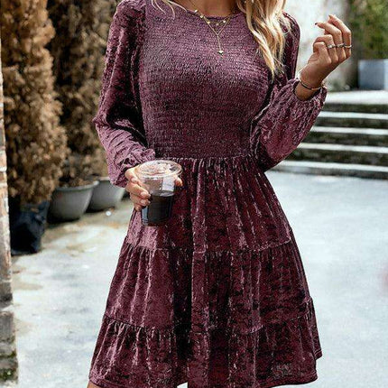 Chic Velvet Delight: Contemporary Round Neck Dress with Stylish Dropped Sleeves