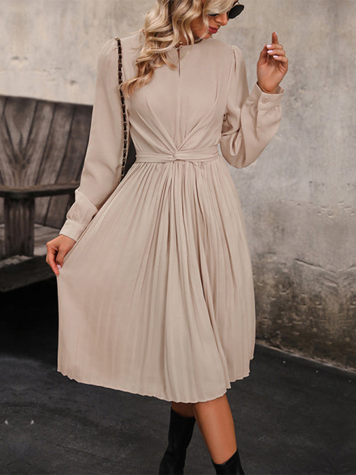 Sophisticated Pleated Waist Long Sleeve Dress for Women
