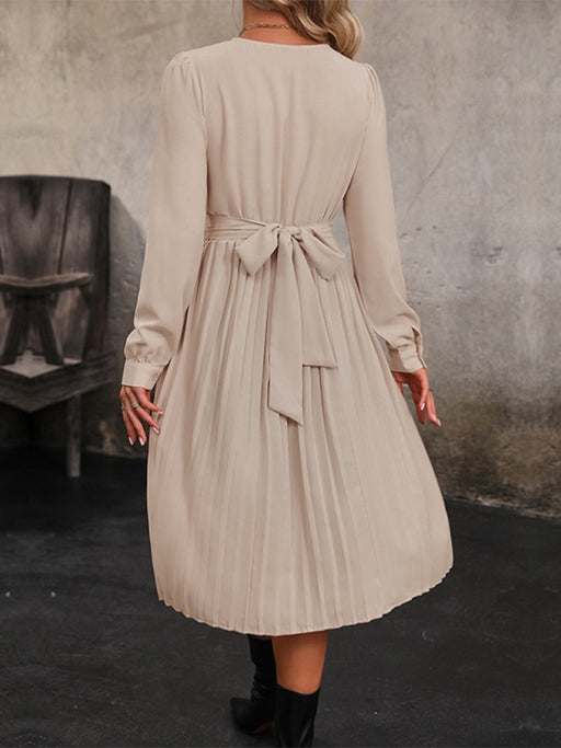 Sophisticated Pleated Waist Long Sleeve Dress for Women