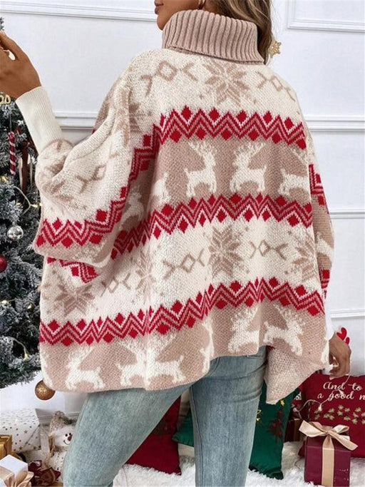 Elk Festive Batwing Jumper: Christmas Turtleneck Sweater with Contrasting Pattern - Stylish Elk Patterned Christmas Sweater