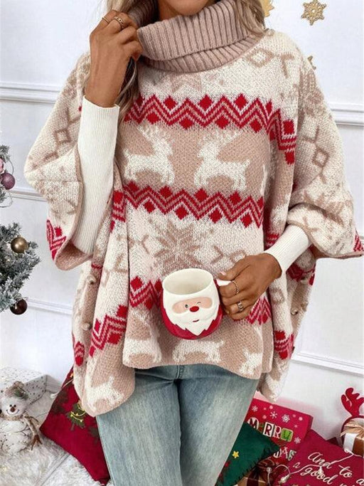 Elk Festivity Batwing Sweater: Turtleneck Christmas Contrast Pattern Sweater