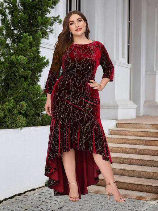 Elegant Velvet Mermaid Maxi Dress with High-Low Hem and Three-Quarter Sleeves - Luxurious Spring-Summer Statement Piece